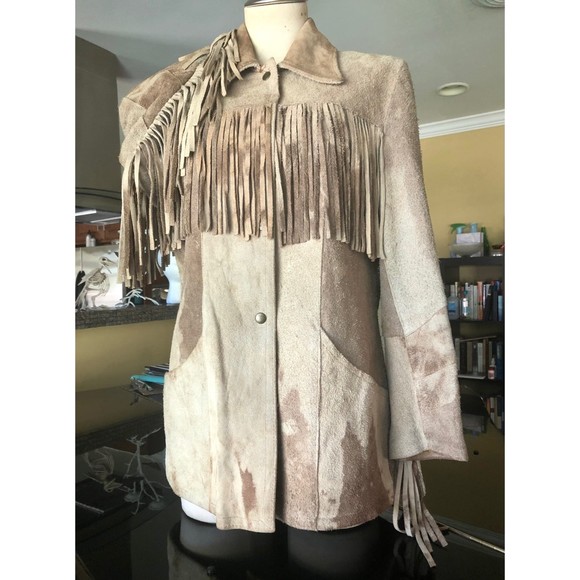 Vintage Jean Sebastian Tan Fringe Suede Cowhide Dye Jacket 60s 70s 11 12 M L - Picture 1 of 12